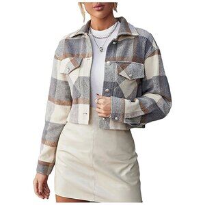 Women's Fall Fashion Cropped Shacket Plaid Jackets Coat-Grey